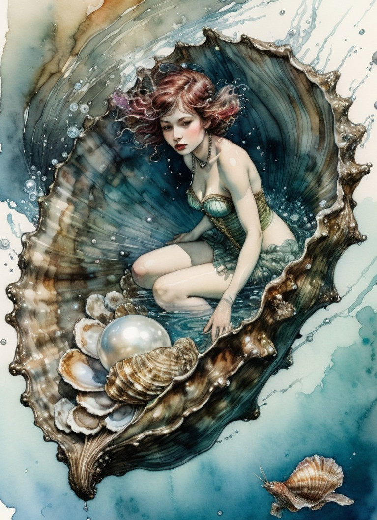 Mermaid Surrounded by Seashells and Pearls Underwater