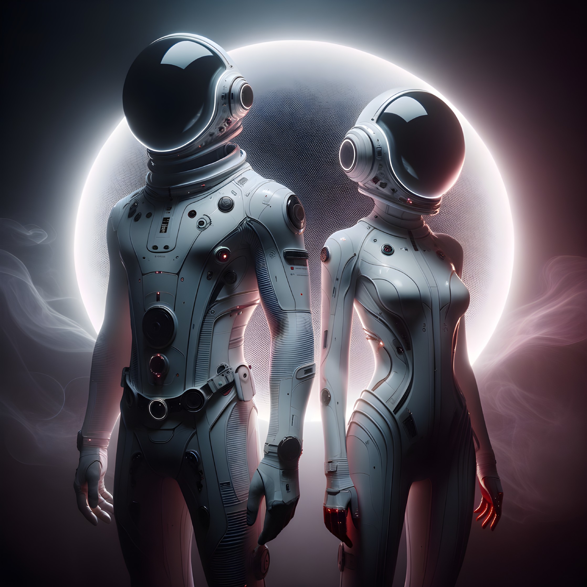 Futuristic astronauts in high-tech suits under moonlight