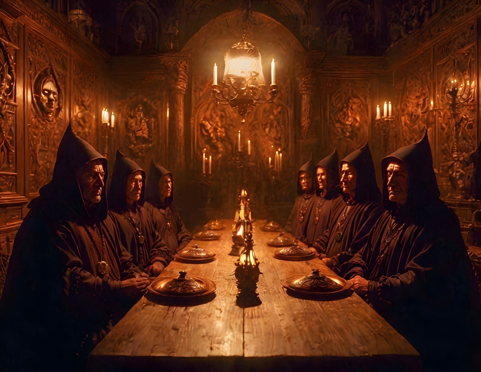 Hooded figures gather at candle-lit table in dimly lit room
