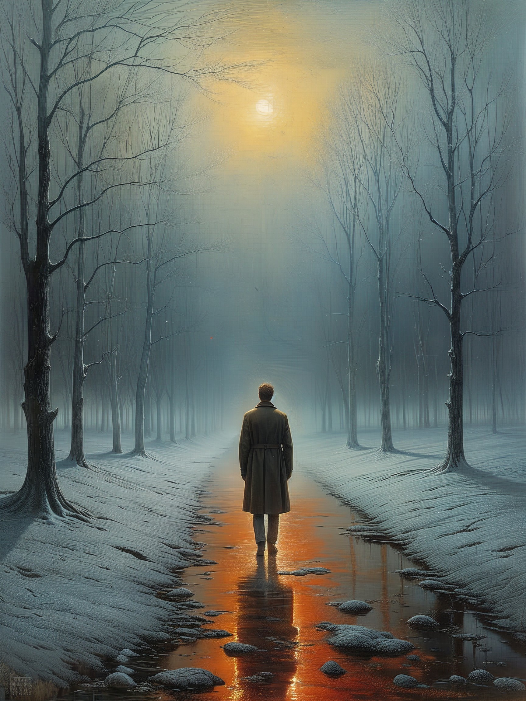 Lone Figure on Misty Path with Bare Trees and Snow