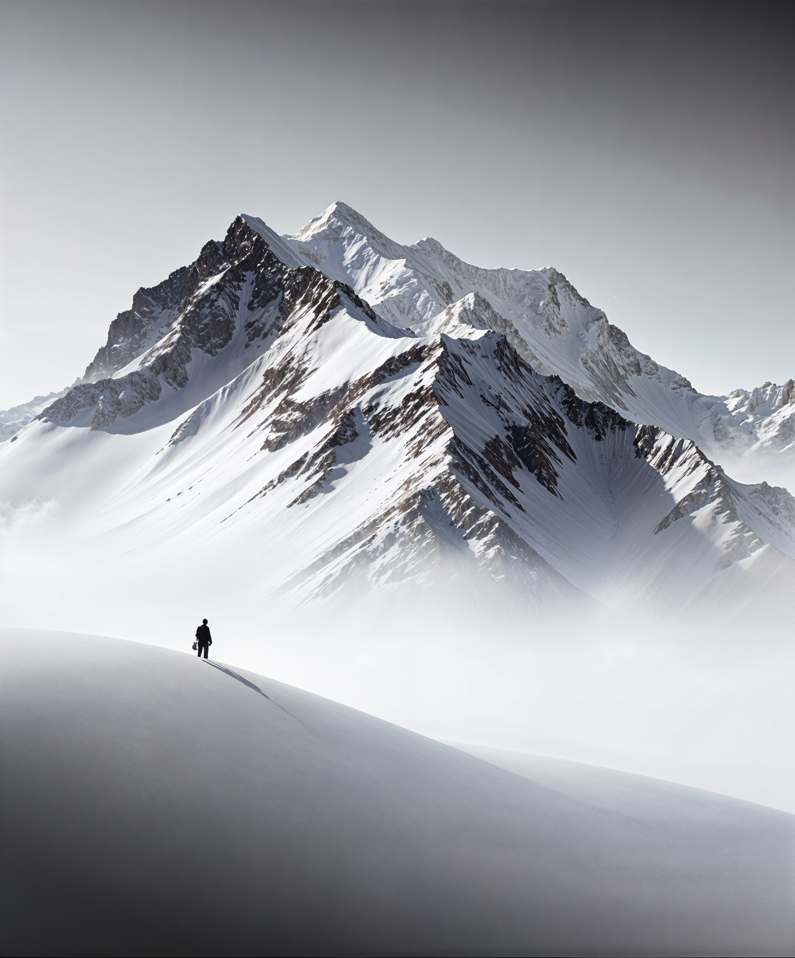 Solitary Figure on Snowy Ridge with Mountain View