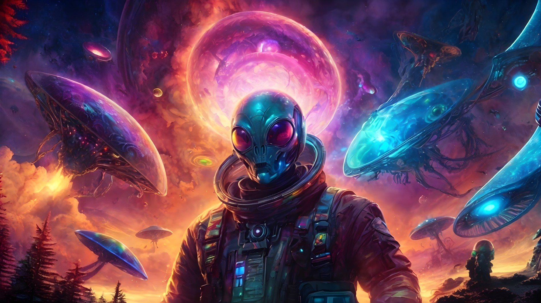 Astronaut in vibrant alien landscape with reflective visor