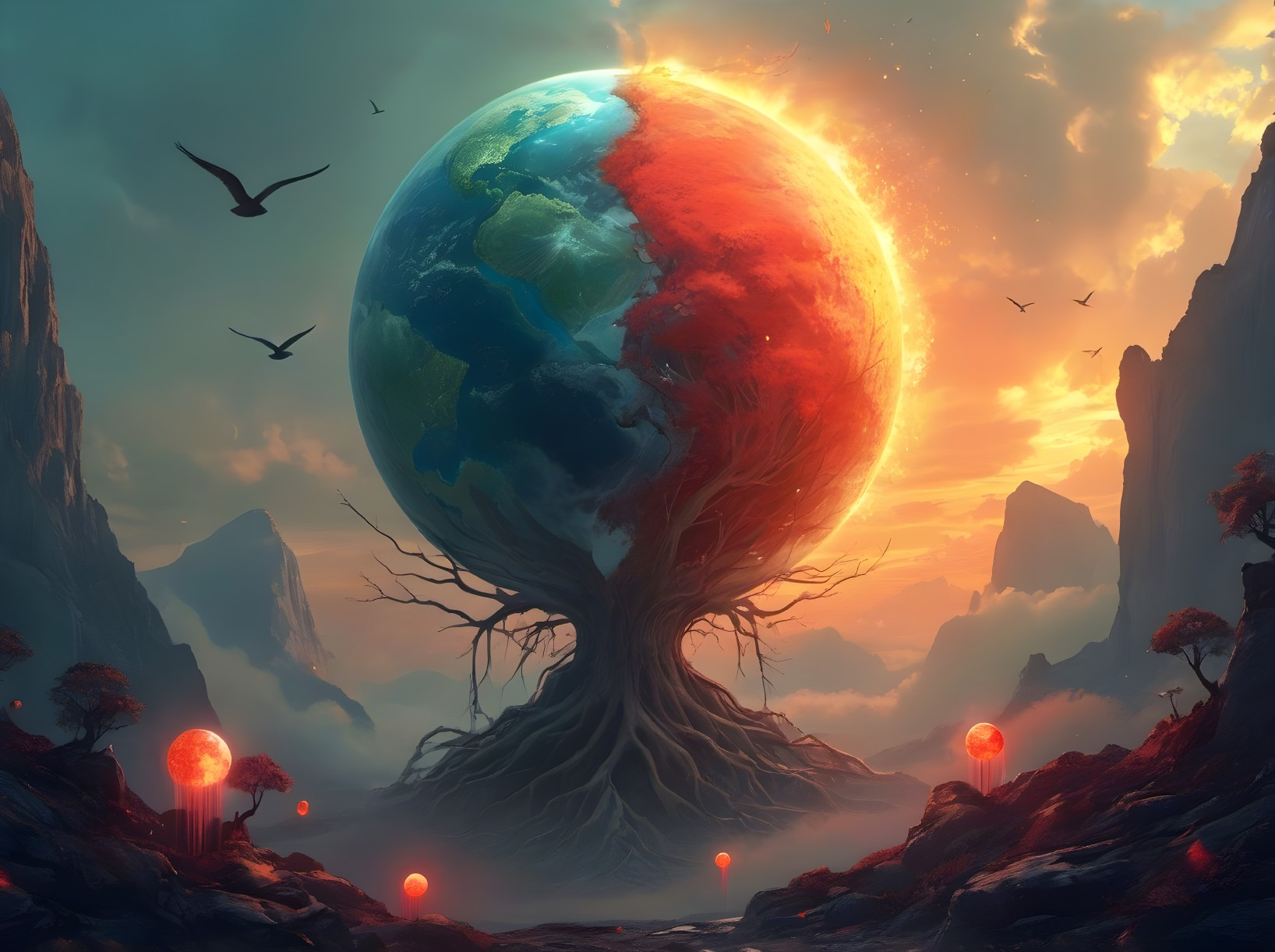 Surreal Landscape with Massive Tree and Vibrant Globe