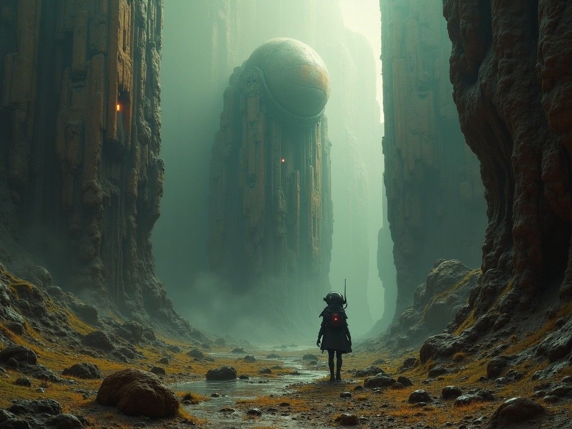 Misty Canyon with a Mysterious Orb and Shadows