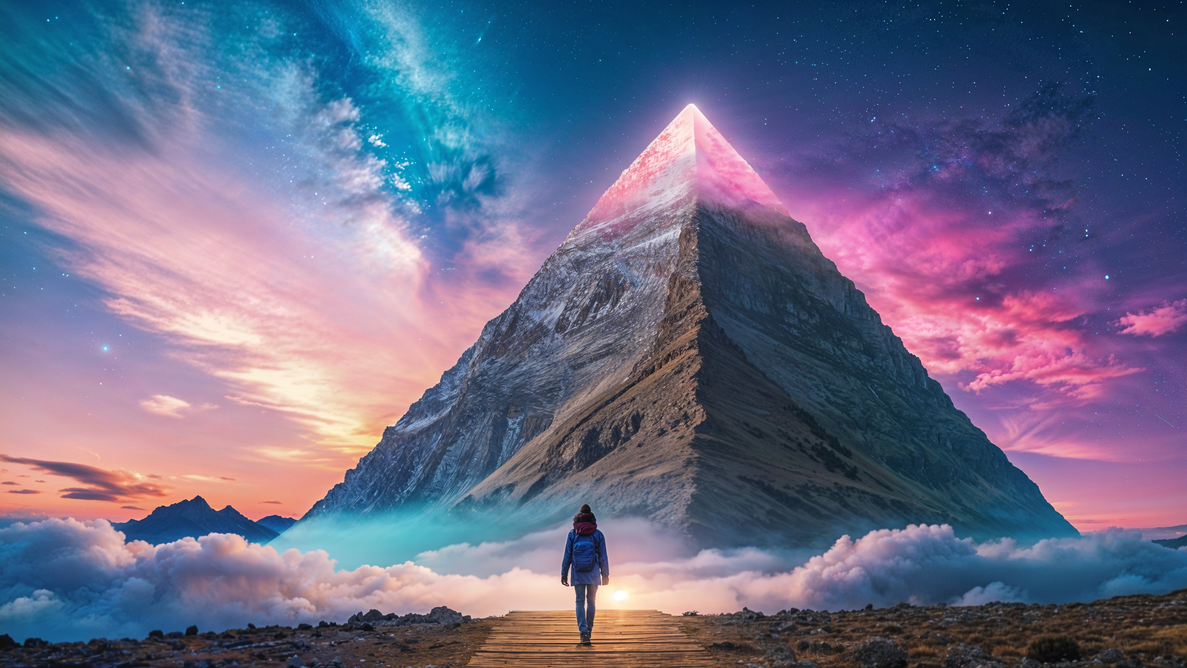 Serene figure on path gazes at glowing mountain peak