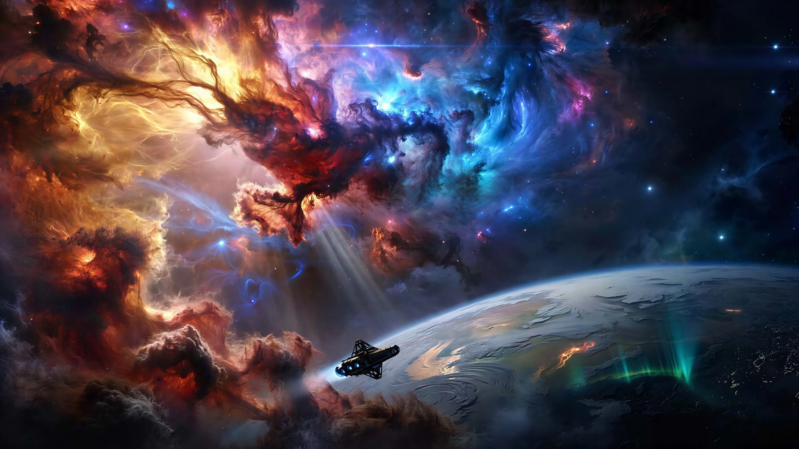 Futuristic spaceship over planet with auroras and nebula