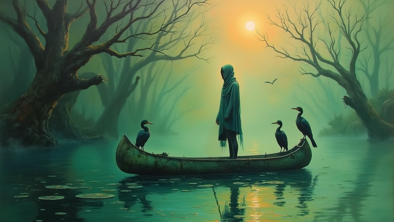Solitary Canoe in Misty Ethereal Landscape