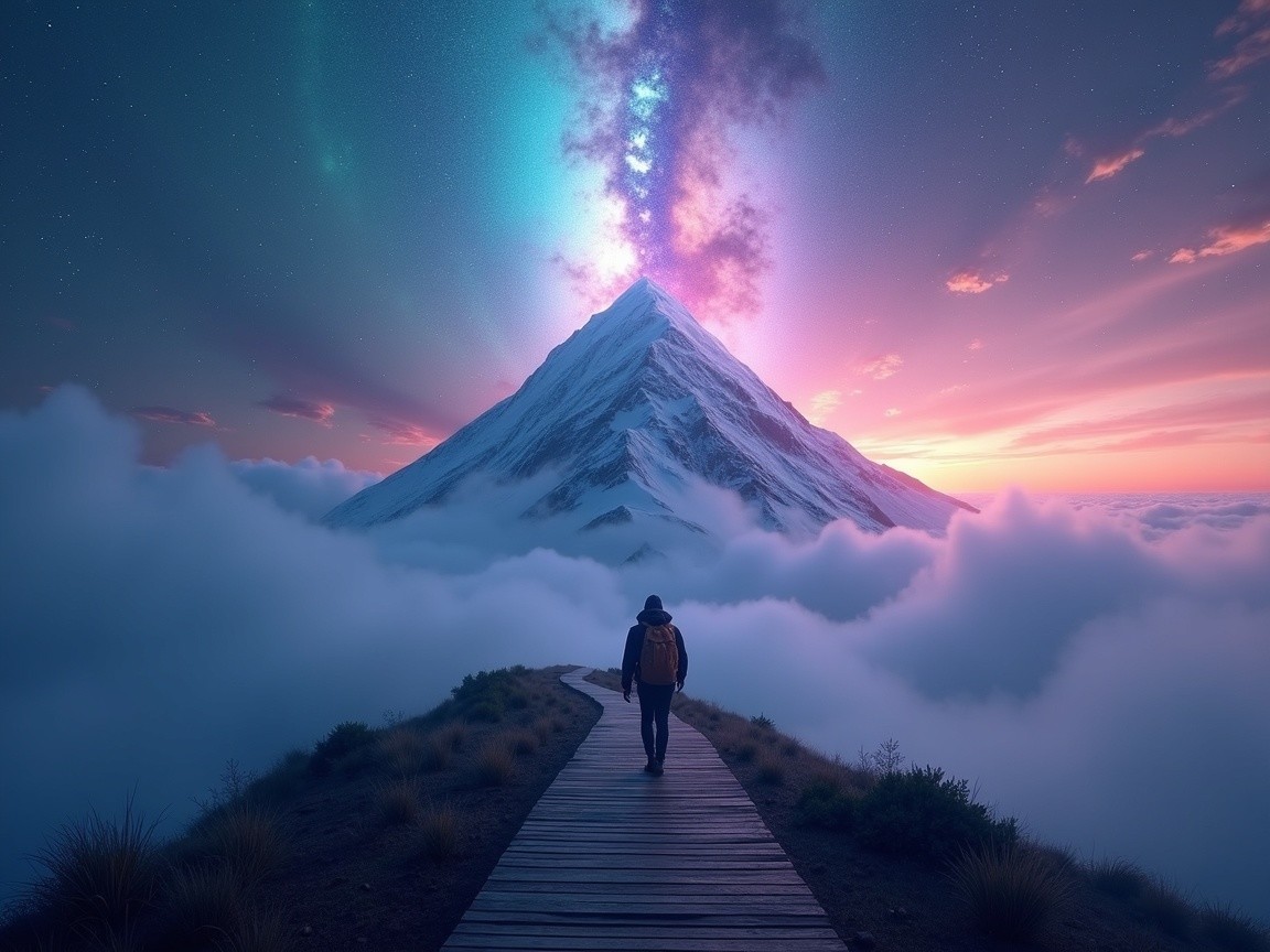 Lone Traveler on Wooden Path to Majestic Mountain Peak