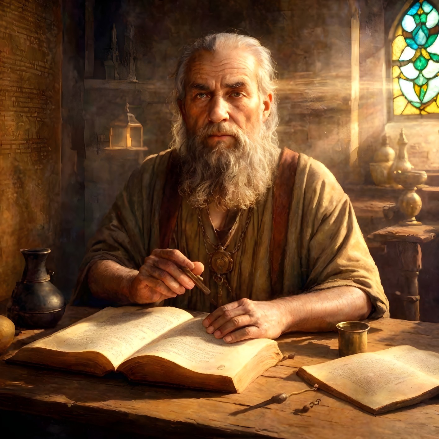 Elderly man in study with ancient texts and alchemical tools