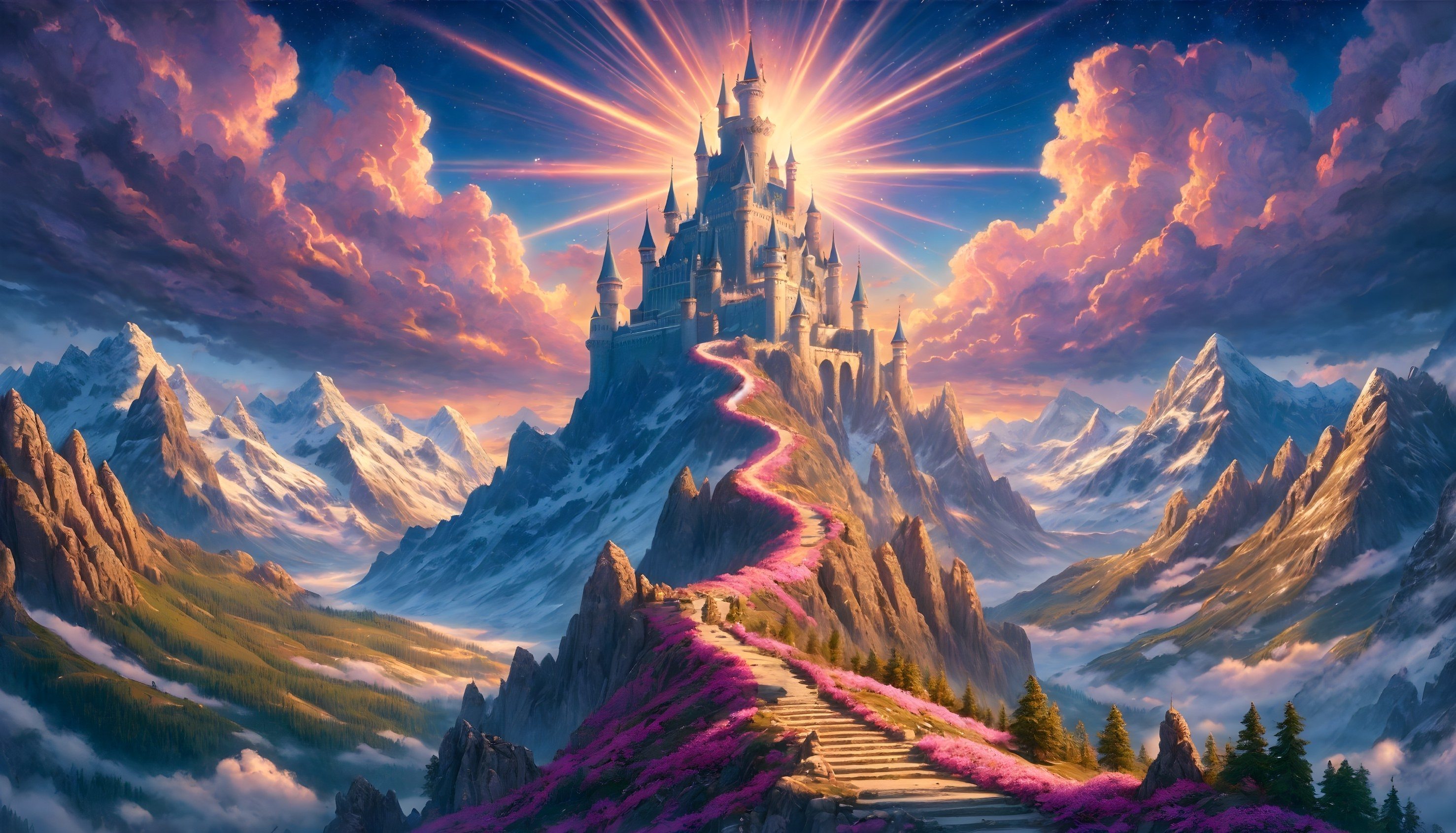 Majestic castle on mountain peak with vibrant flowers