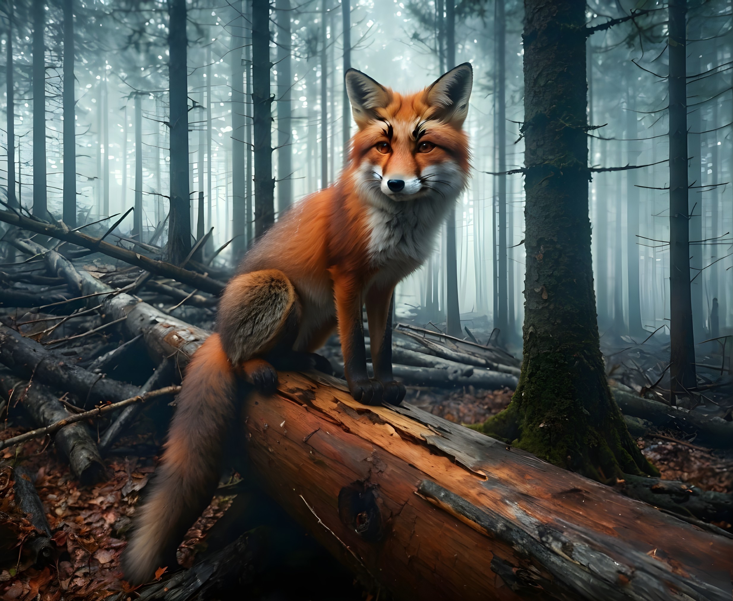 Red Fox on Fallen Log in Misty Forest Setting