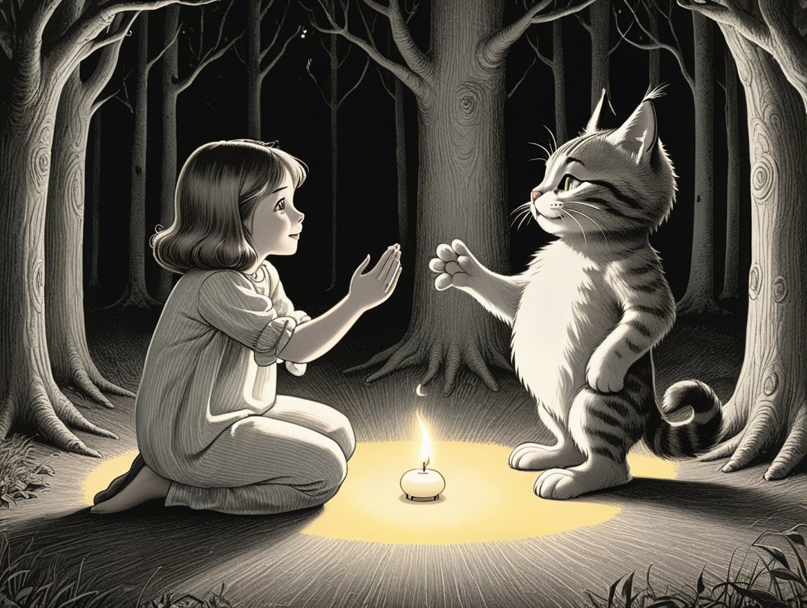 Magical Forest Scene with Girl and Cartoon Cat