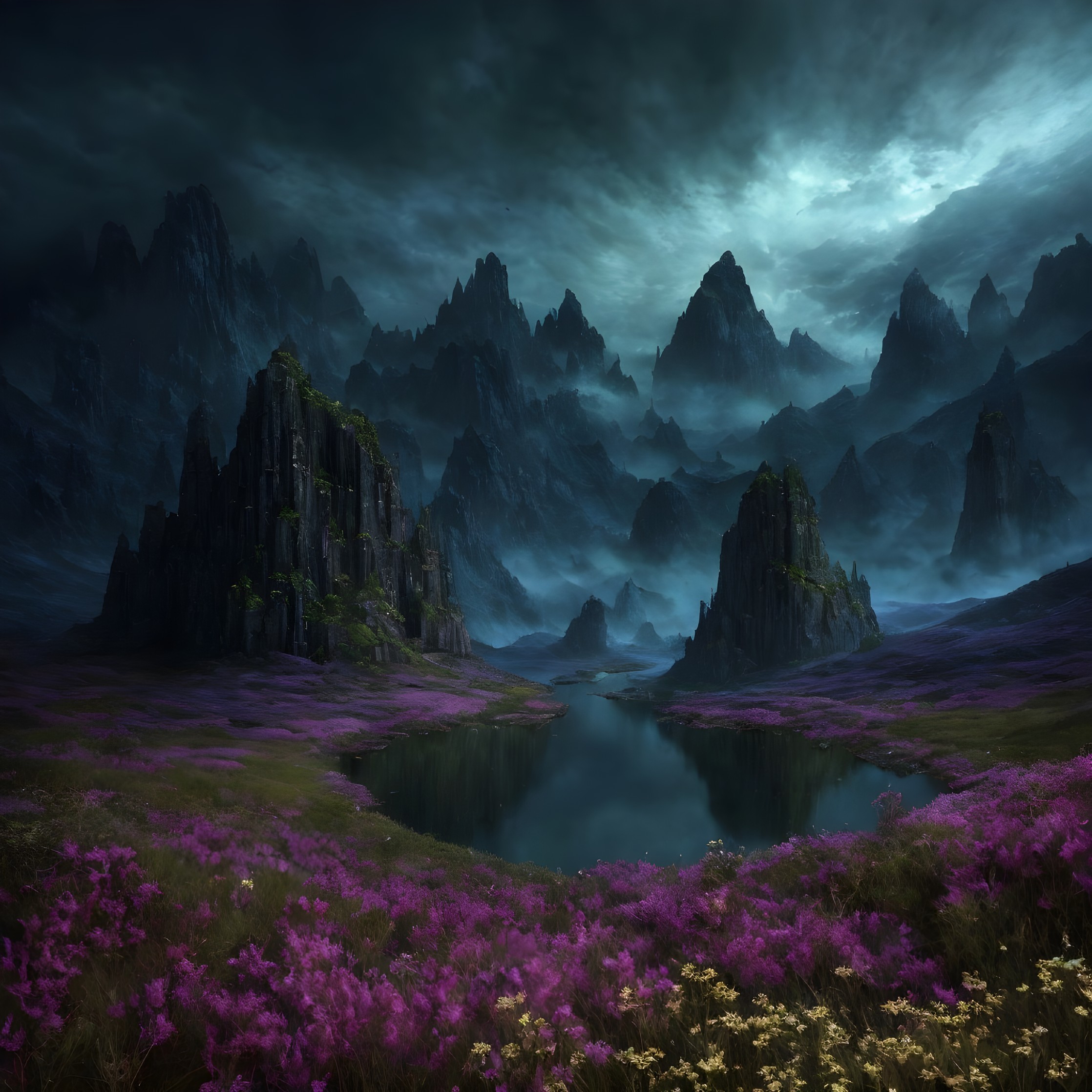 Jagged Mountains and Vibrant Flowers in Scenic Landscape