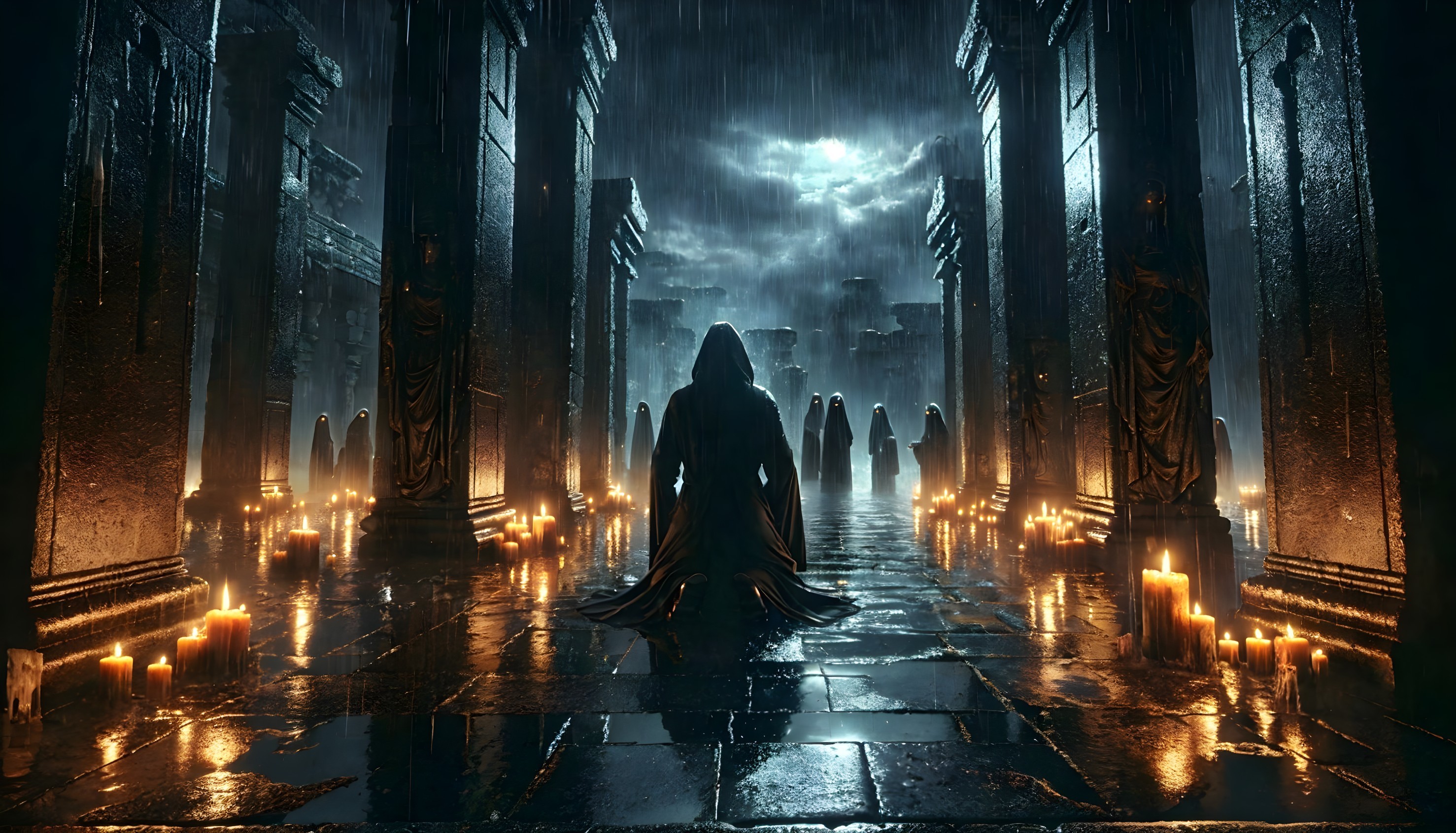 Cloaked Figures in an Ancient Temple Under Moonlight