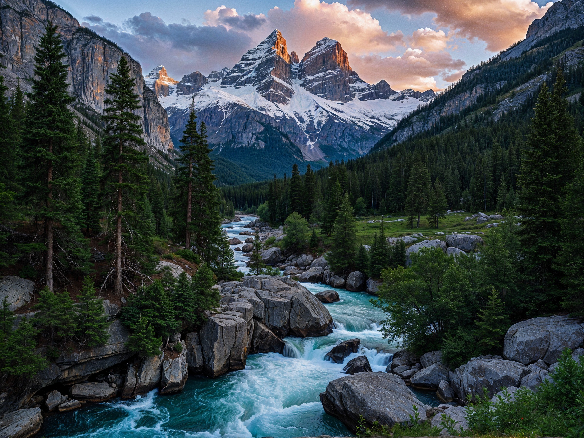 Vibrant River in Rocky Terrain with Snowy Mountains