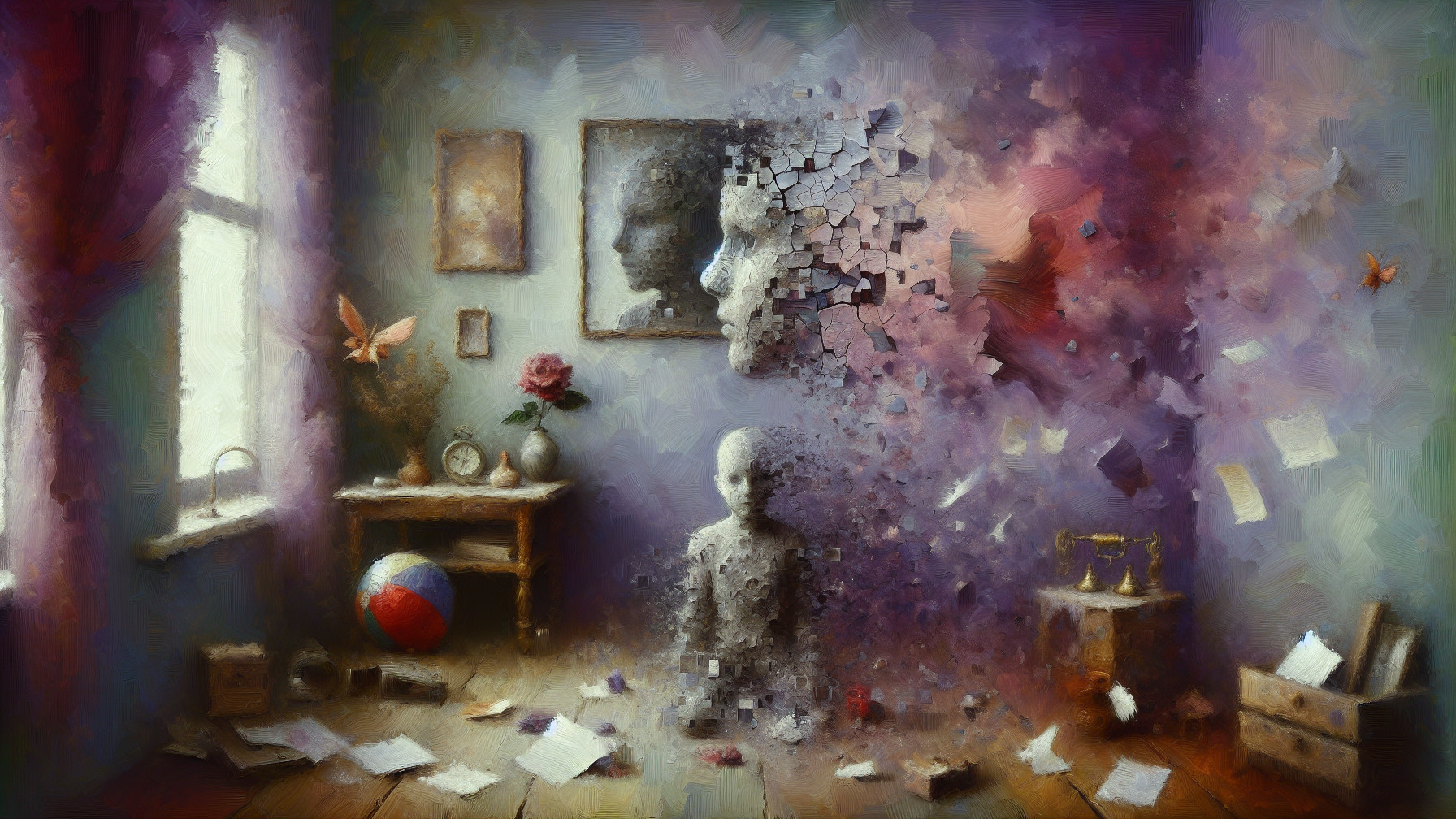 Surreal Room with Broken Figure and Colorful Objects