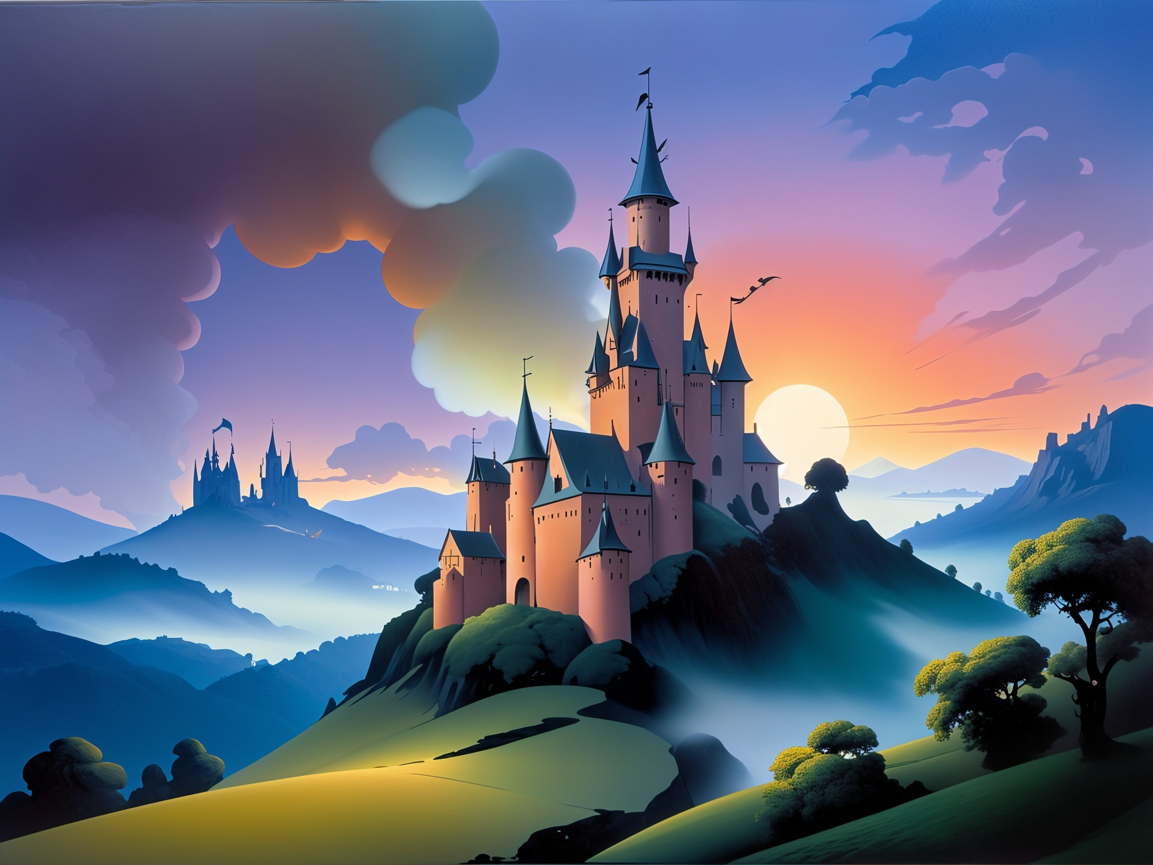 Majestic castle landscape at sunset with misty hills