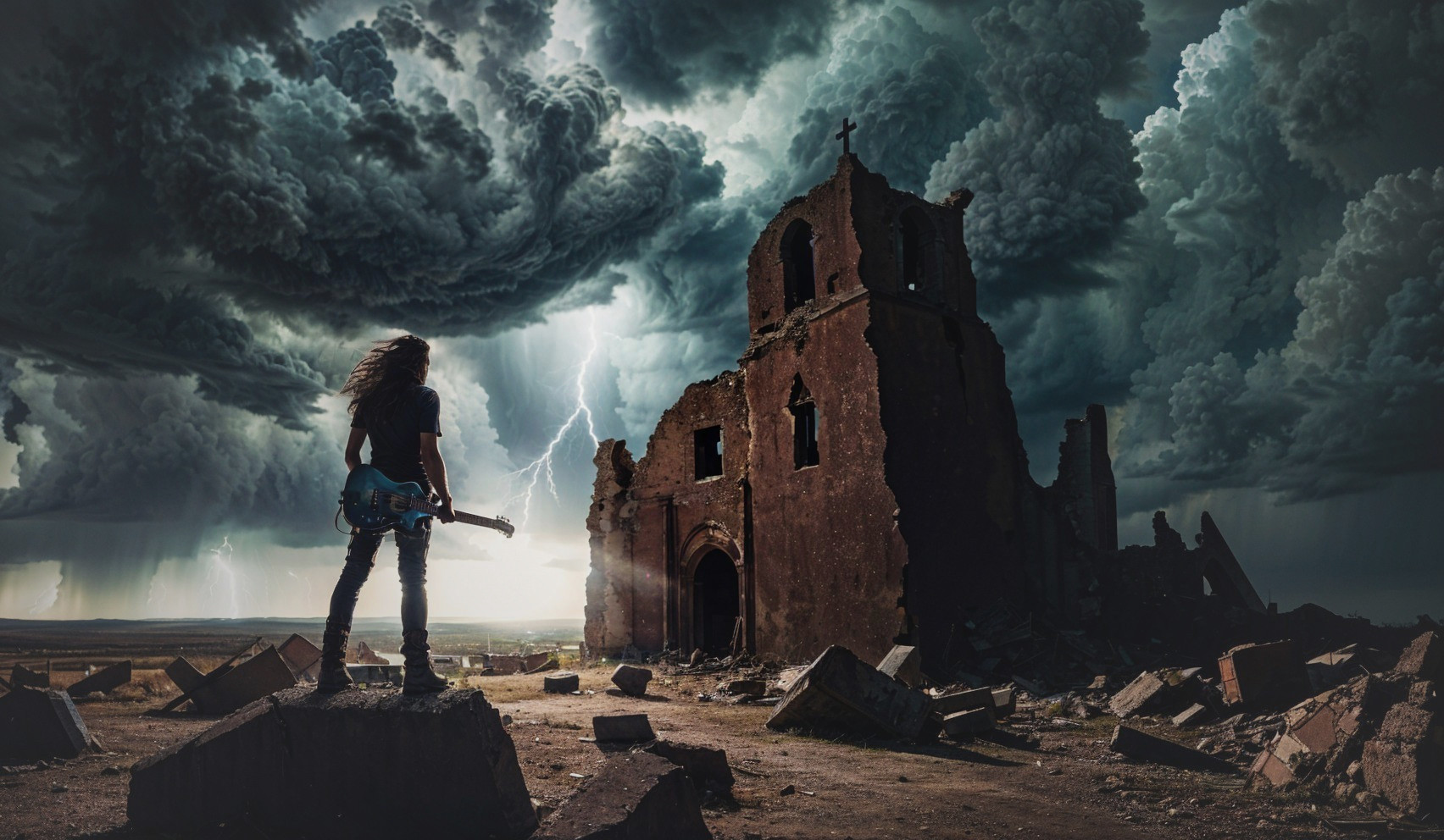 Lone Figure with Guitar on Ruined Church Structure