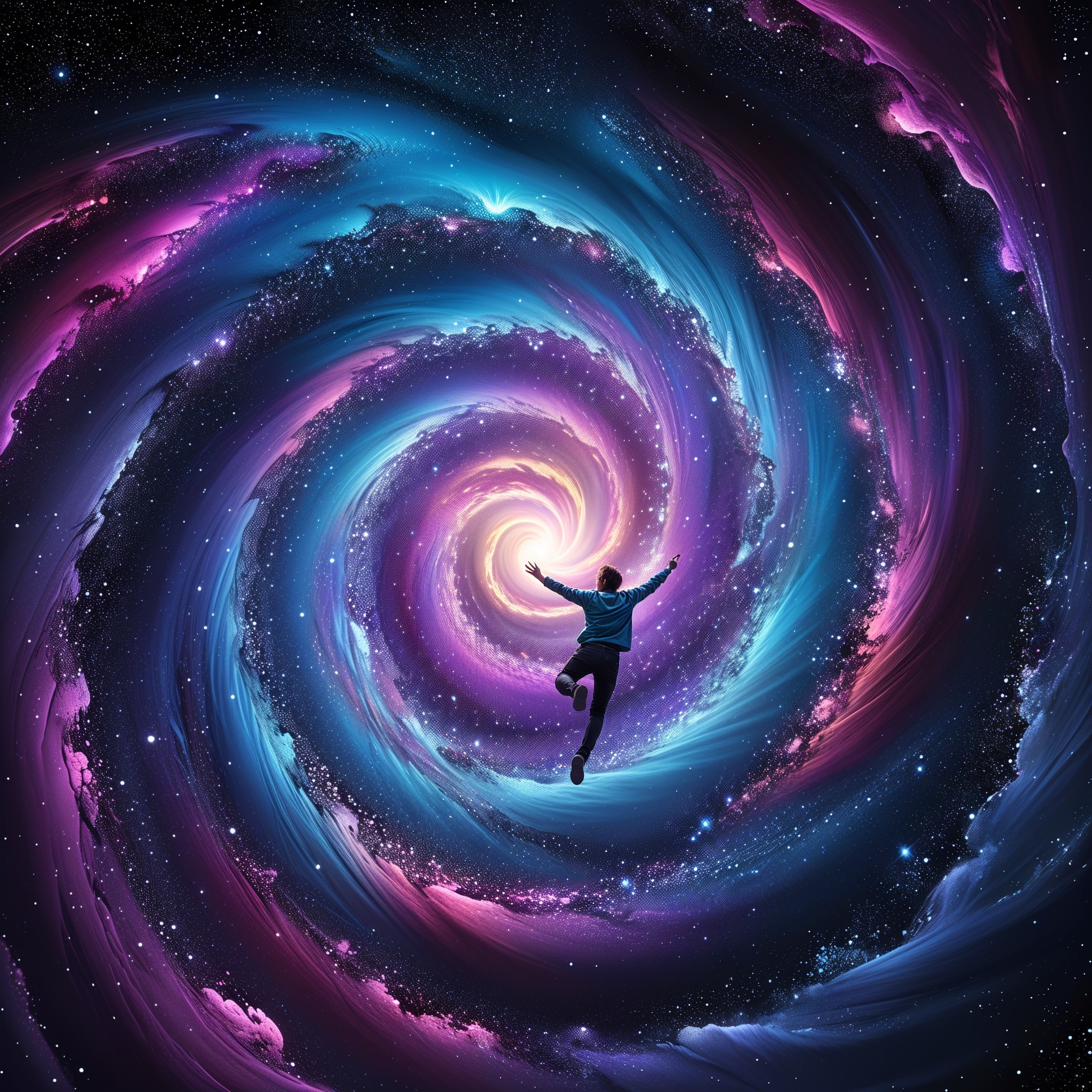 Joyful figure leaping into a vibrant cosmic swirl