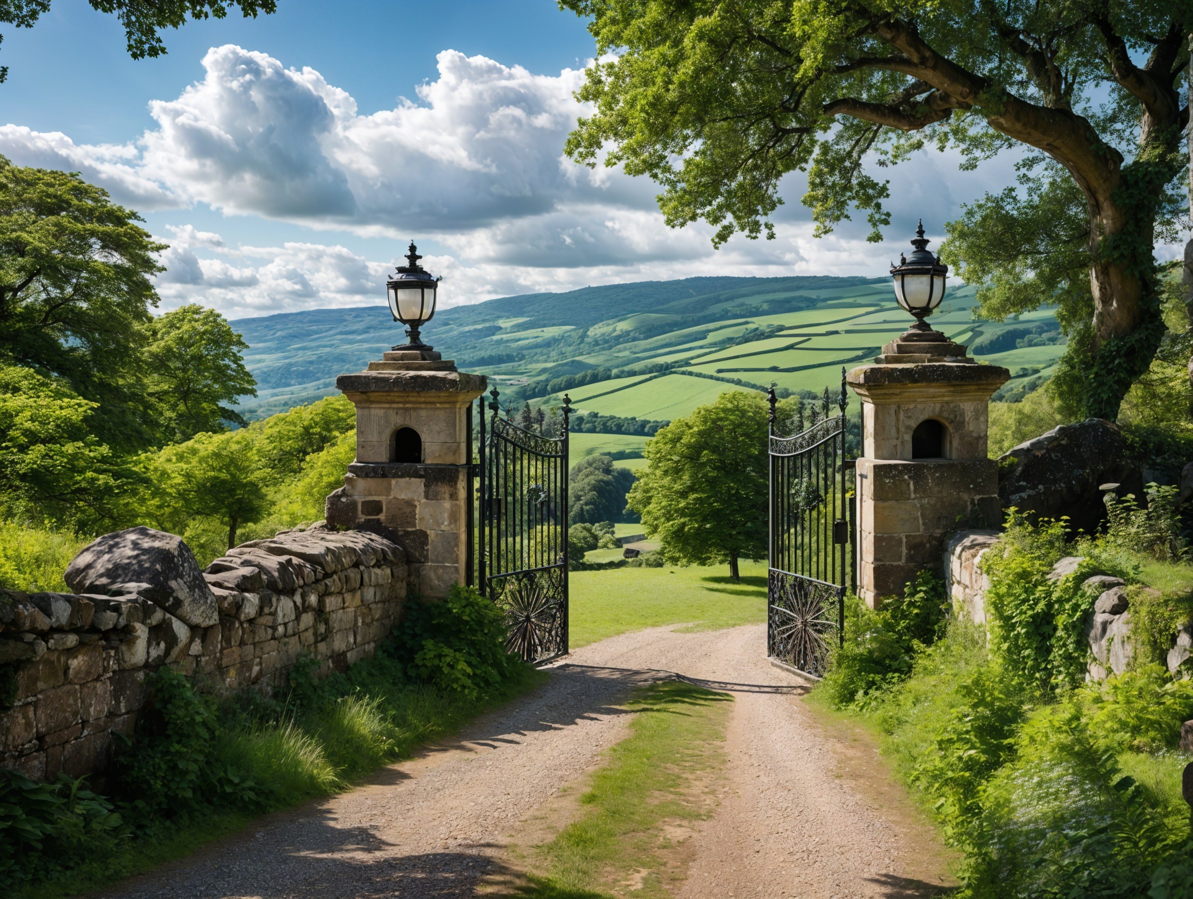 Wrought-Iron Gate Leading to Lush Green Valley