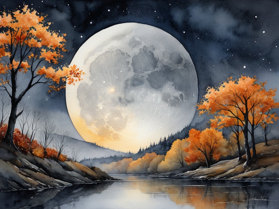 Serene Landscape with Full Moon and Autumn Foliage