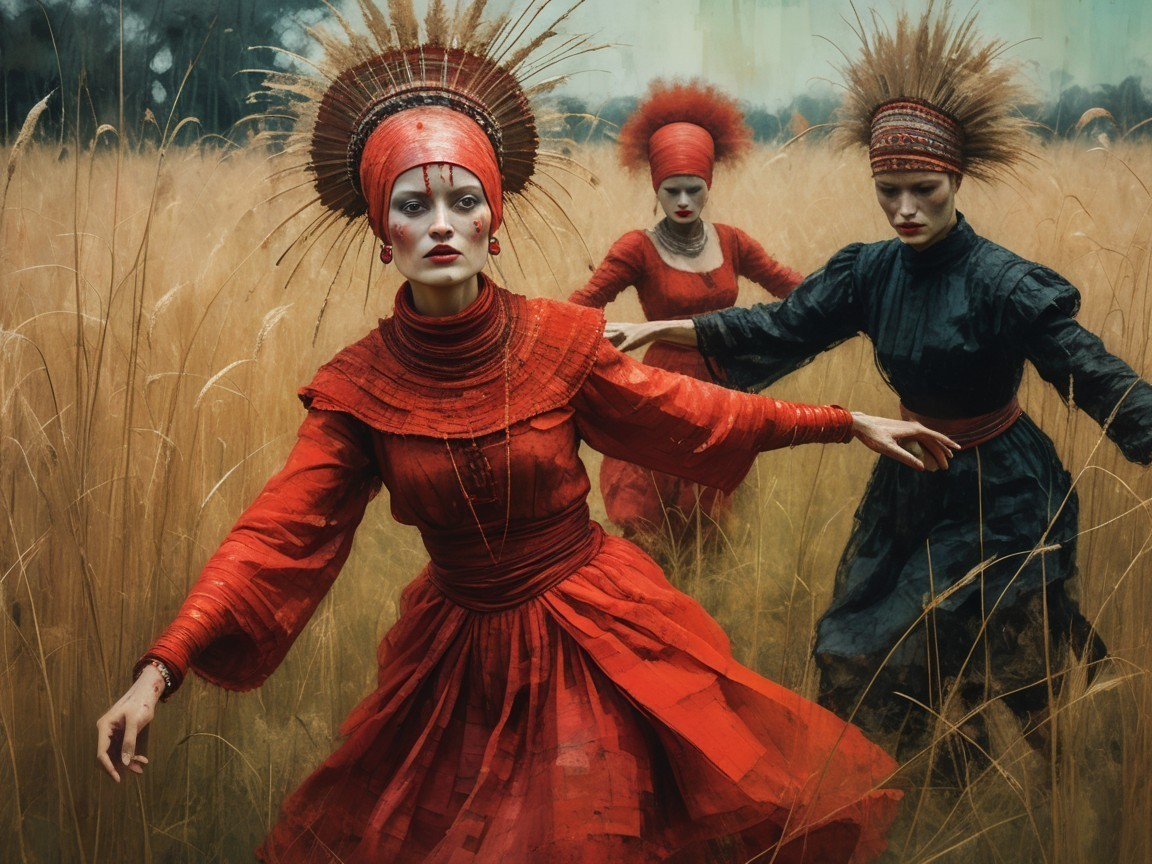 Women in Red and Black Attire in Golden Grass