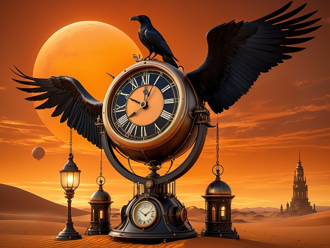 Surreal Desert Landscape with Grand Clock and Raven