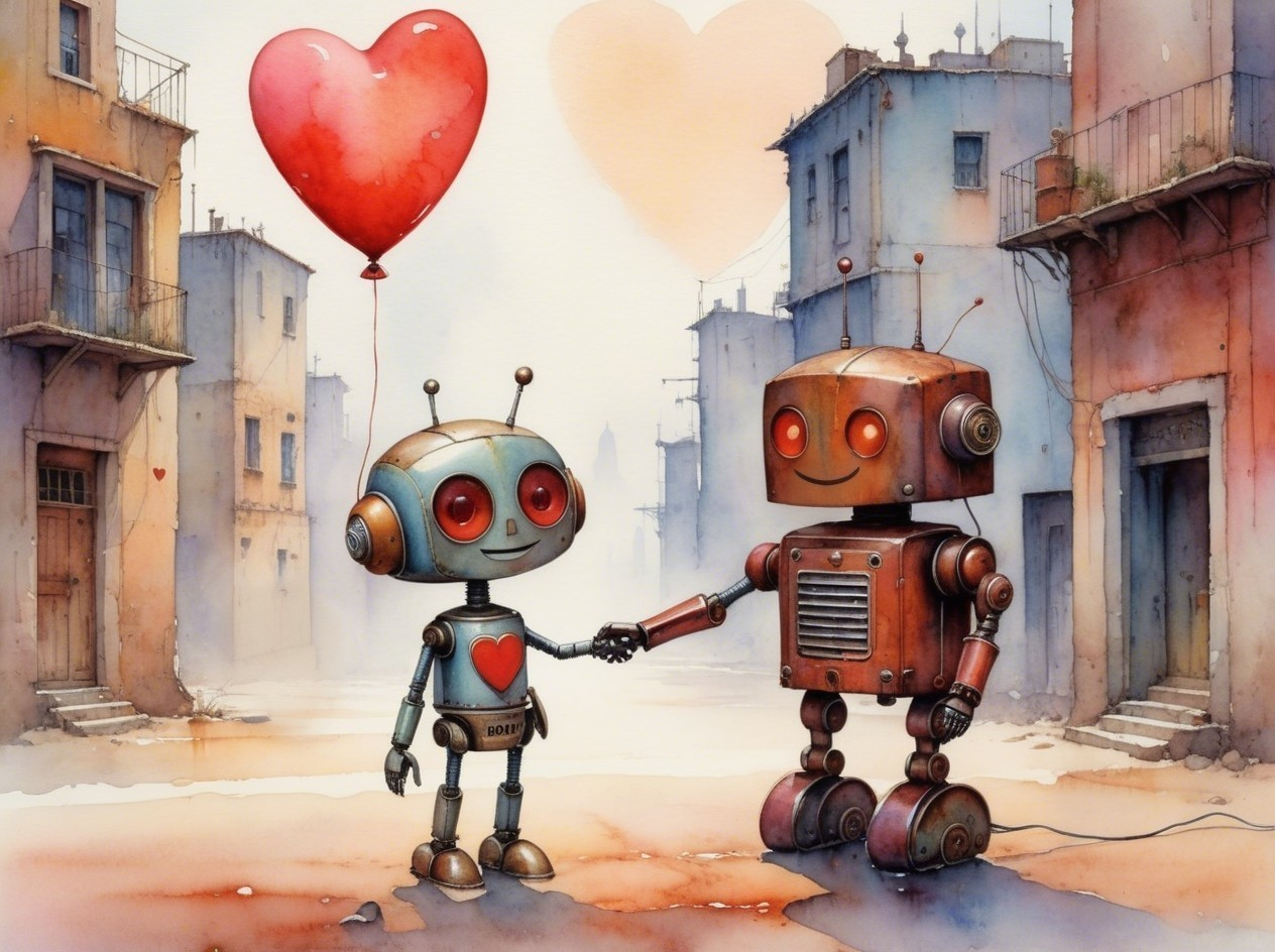 Colorful Robots in Whimsical Street Scene with Balloons
