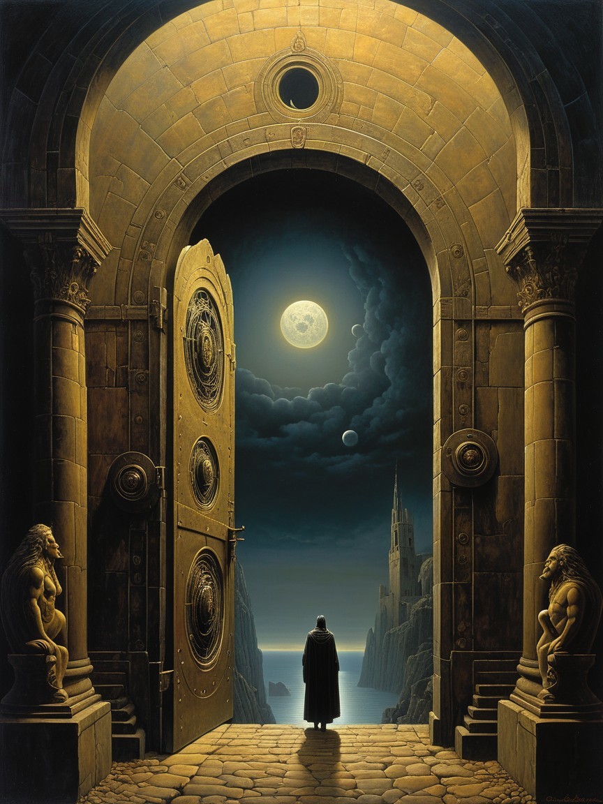 Figure at Doorway Overlooking Mysterious Landscape