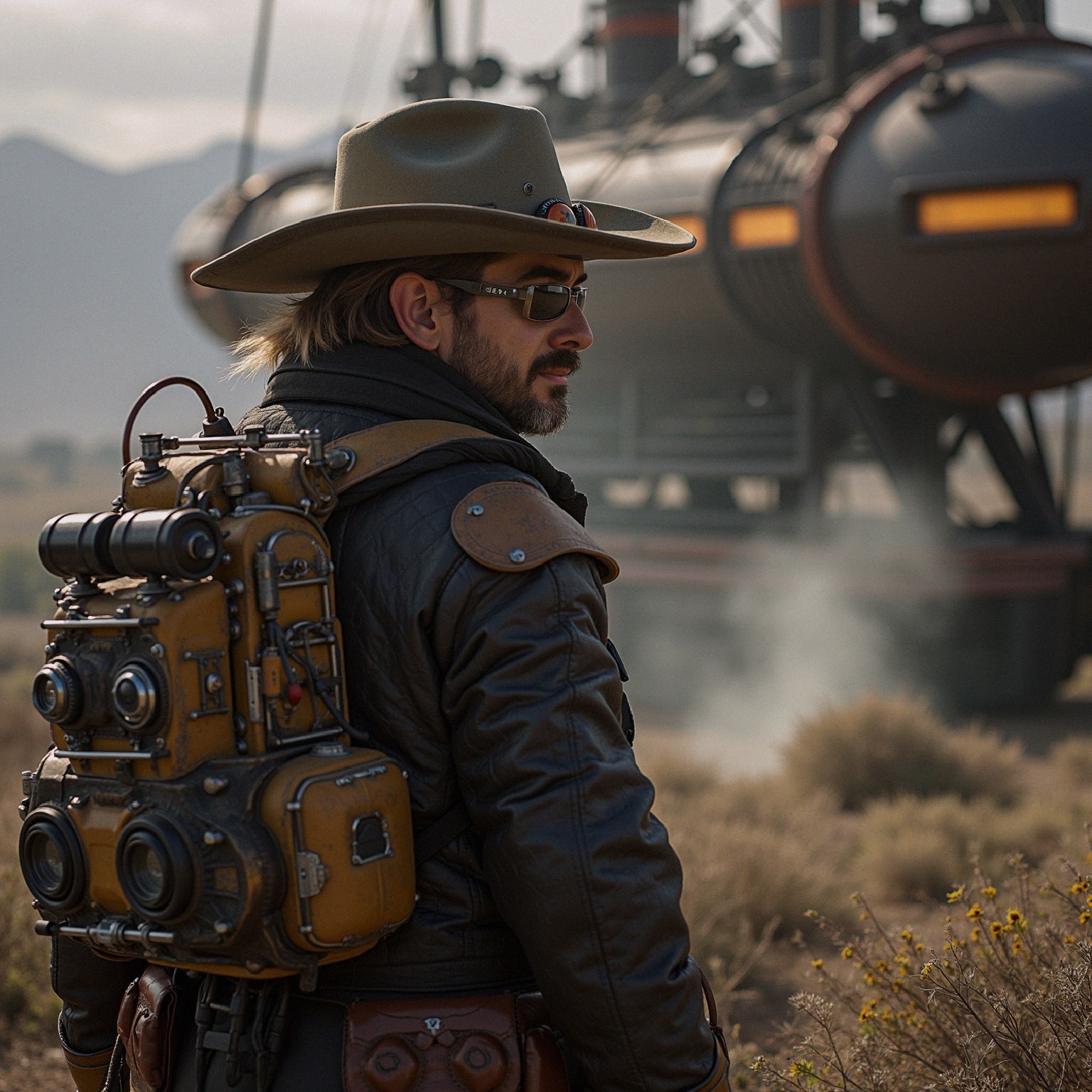 Rugged Adventurer in Steampunk Desert Landscape