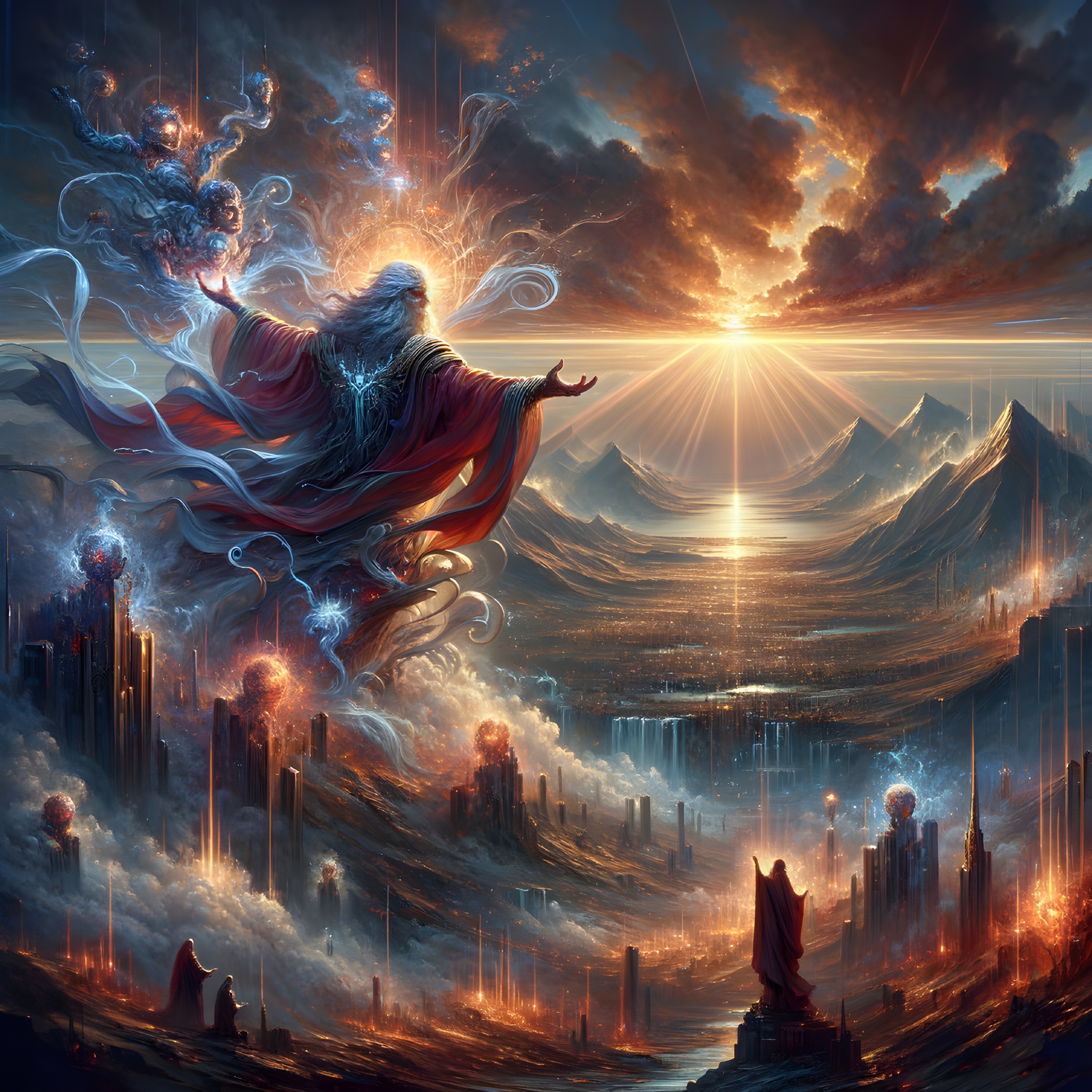 Majestic robed figure with cosmic energy above fantasy landscape