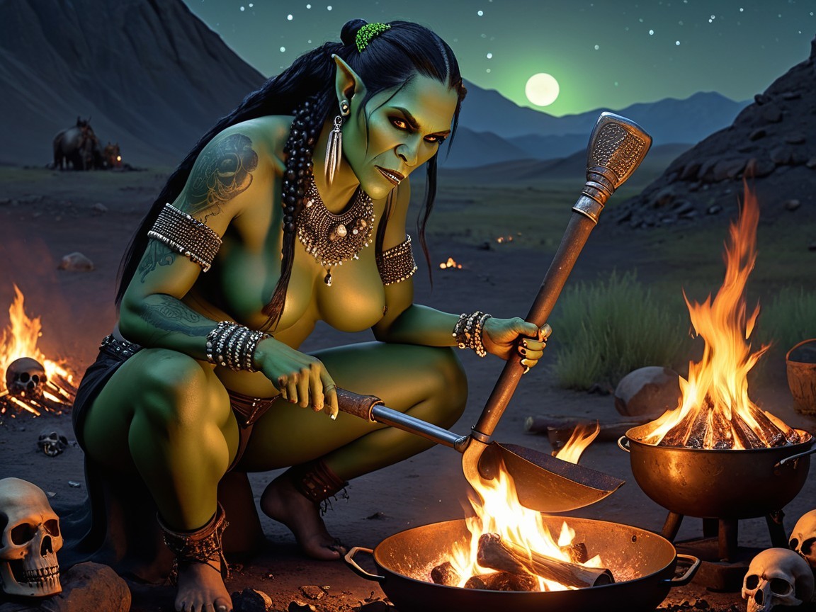 Fierce Green-Skinned Warrior by Roaring Fire at Night
