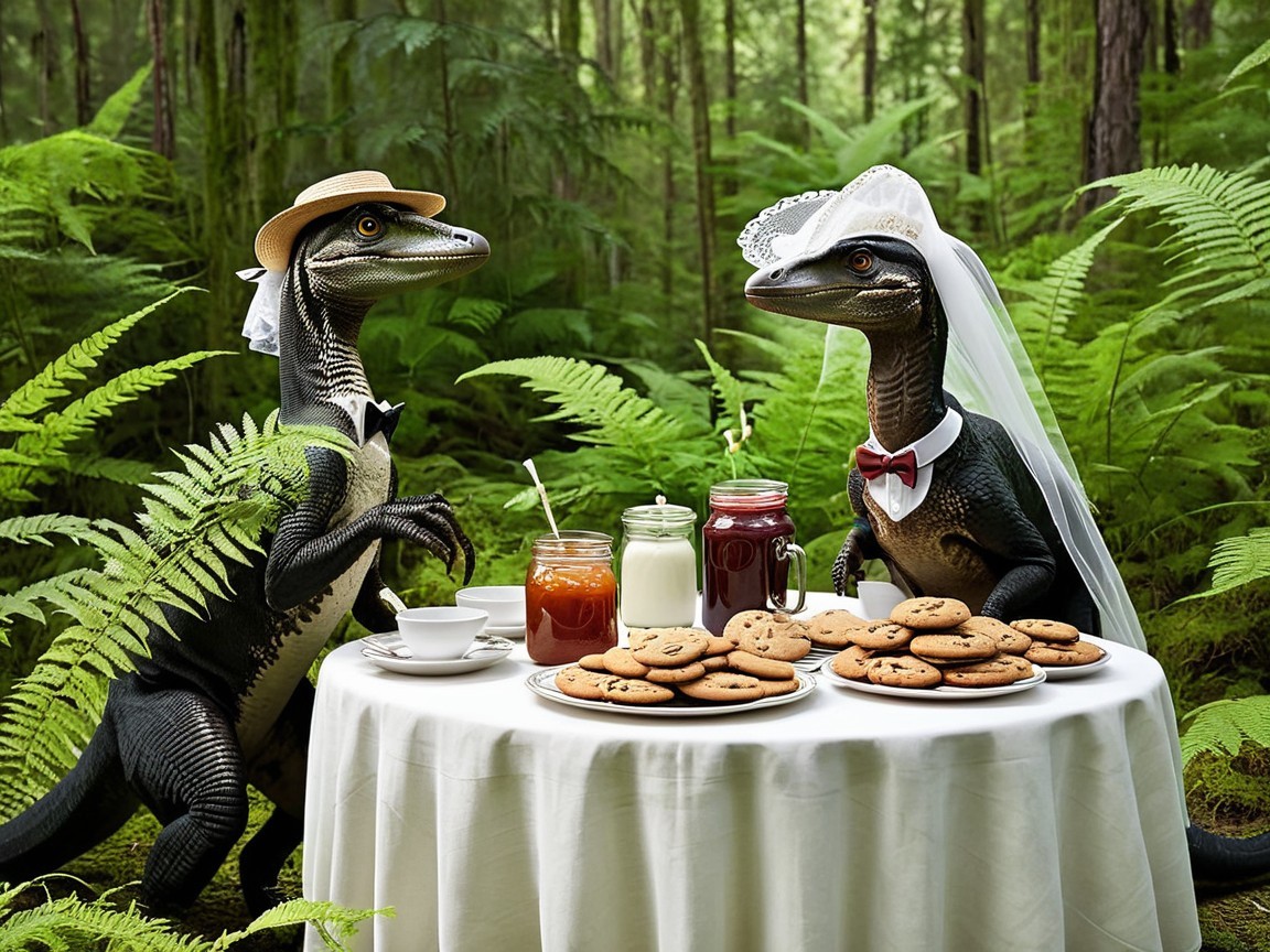 Dinosaurs in Wedding Attire at a Forest Table Setting