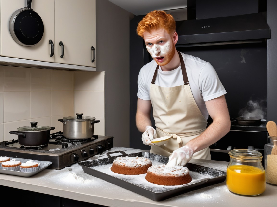 Young Man Frosting Cakes in Modern Kitchen Setting