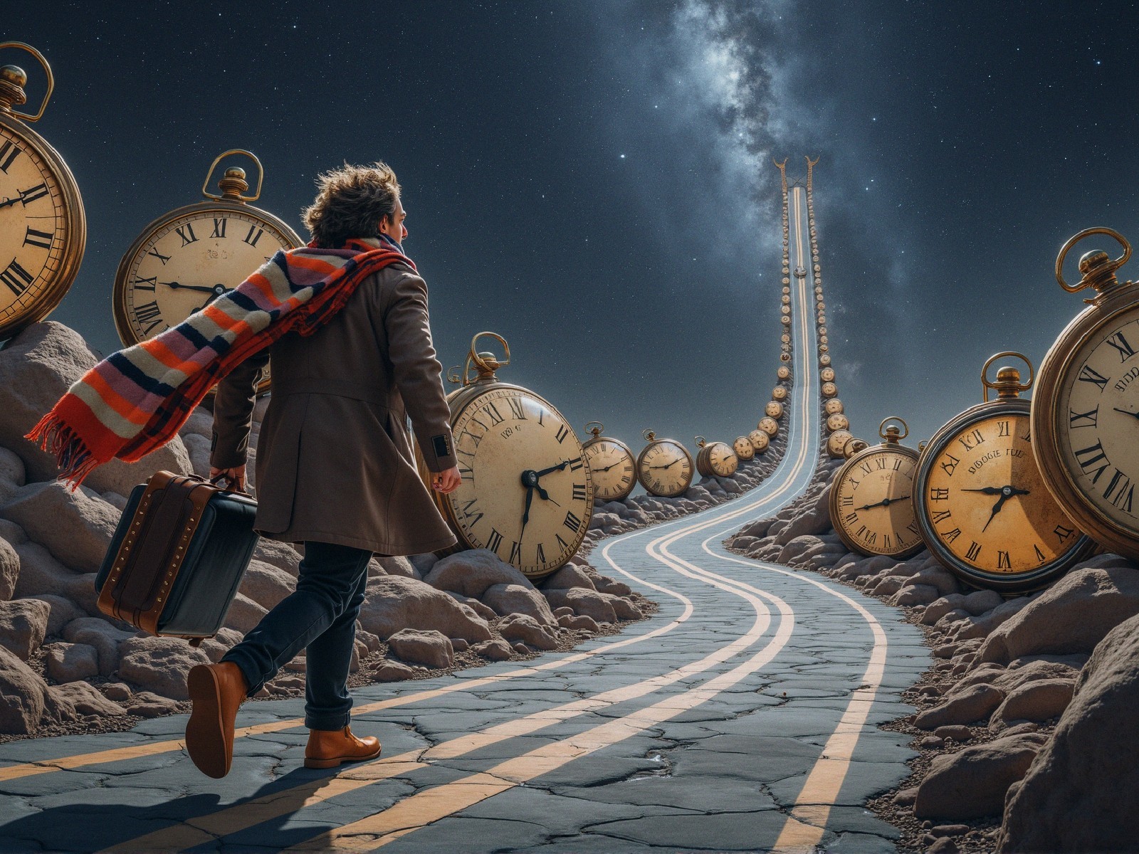 Surreal Landscape with Clocks and Cosmic Journey