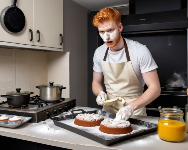 Young Man Frosting Cakes in Modern Kitchen Setting