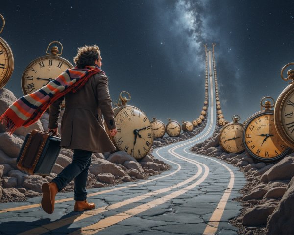 Surreal Landscape with Clocks and Cosmic Journey