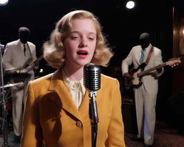 Young woman singing into vintage microphone with guitarists