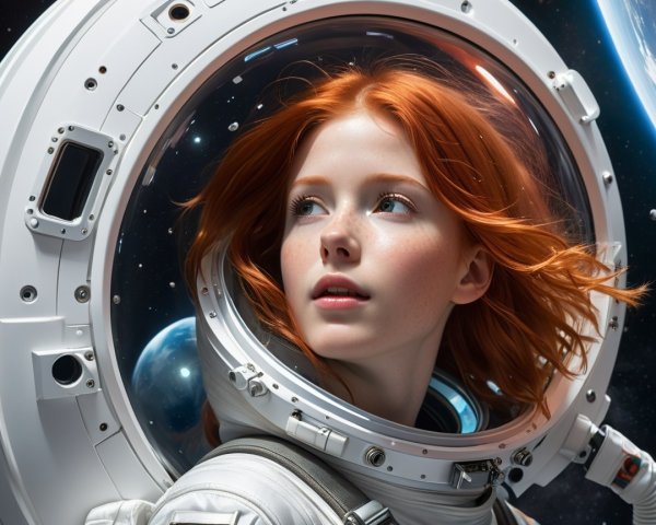Young Woman in Futuristic Helmet Against Space Backdrop