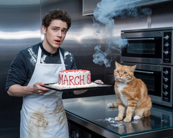 Young Man with Cake and Cat in a Kitchen Scene