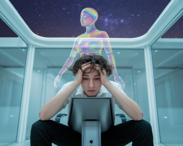 Young man in futuristic room with holographic figure