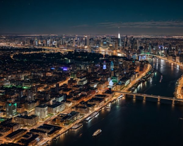 Aerial View of a Vibrant City Skyline at Night