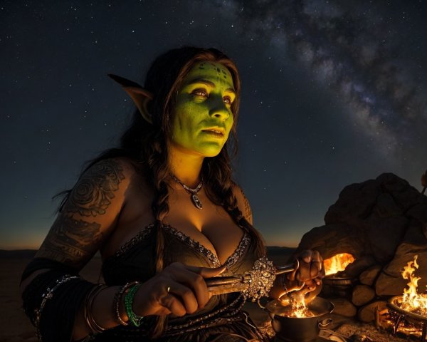 Mythical Green-Skinned Figure by Fire Under Stars