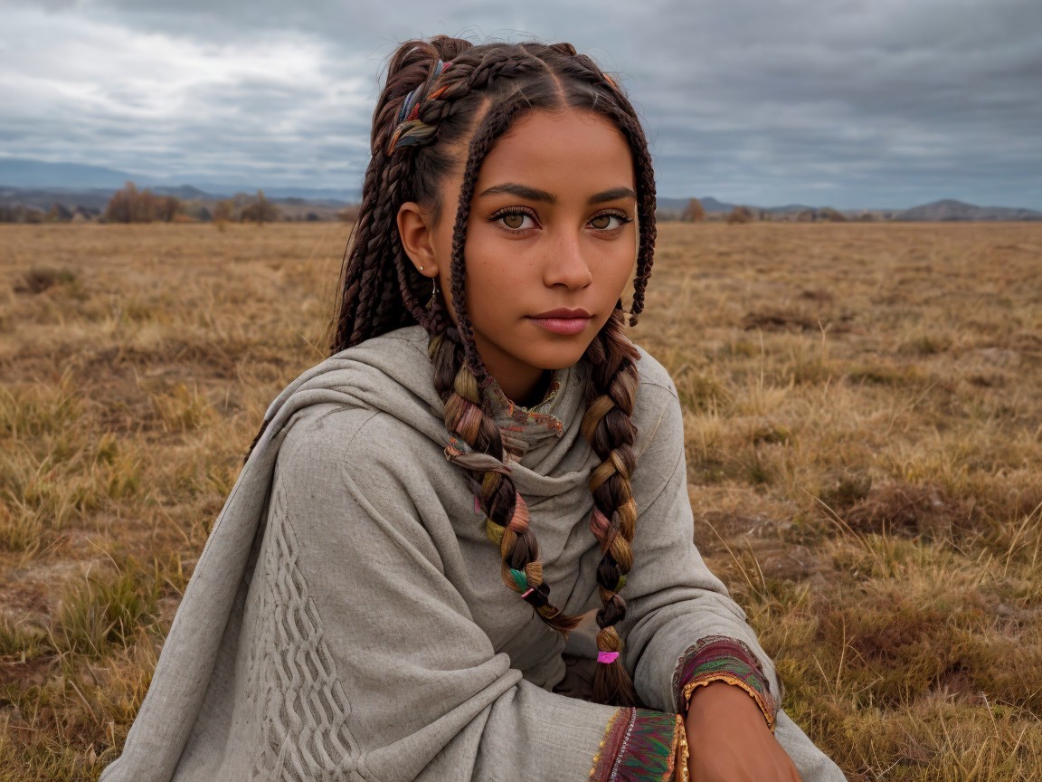 Young girl in shawl sitting in grassy field with hills