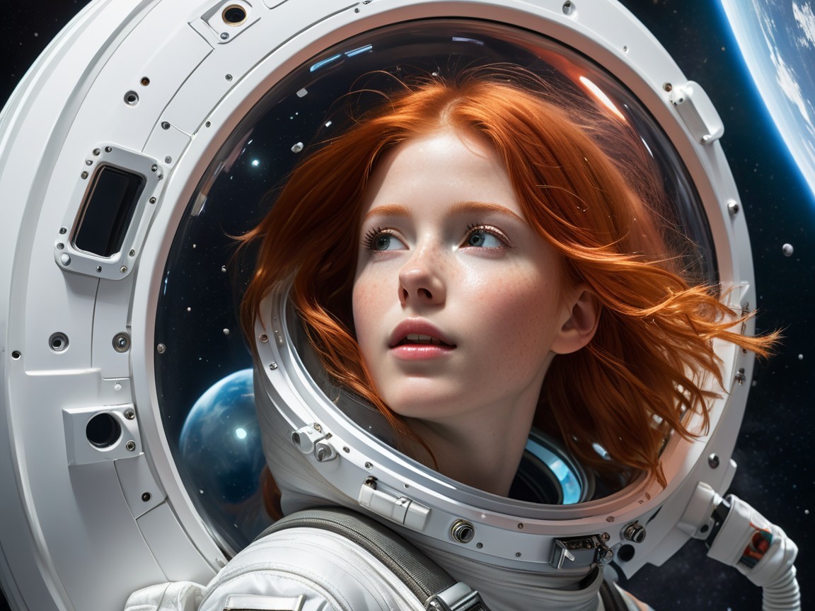 Young Woman in Futuristic Helmet Against Space Backdrop