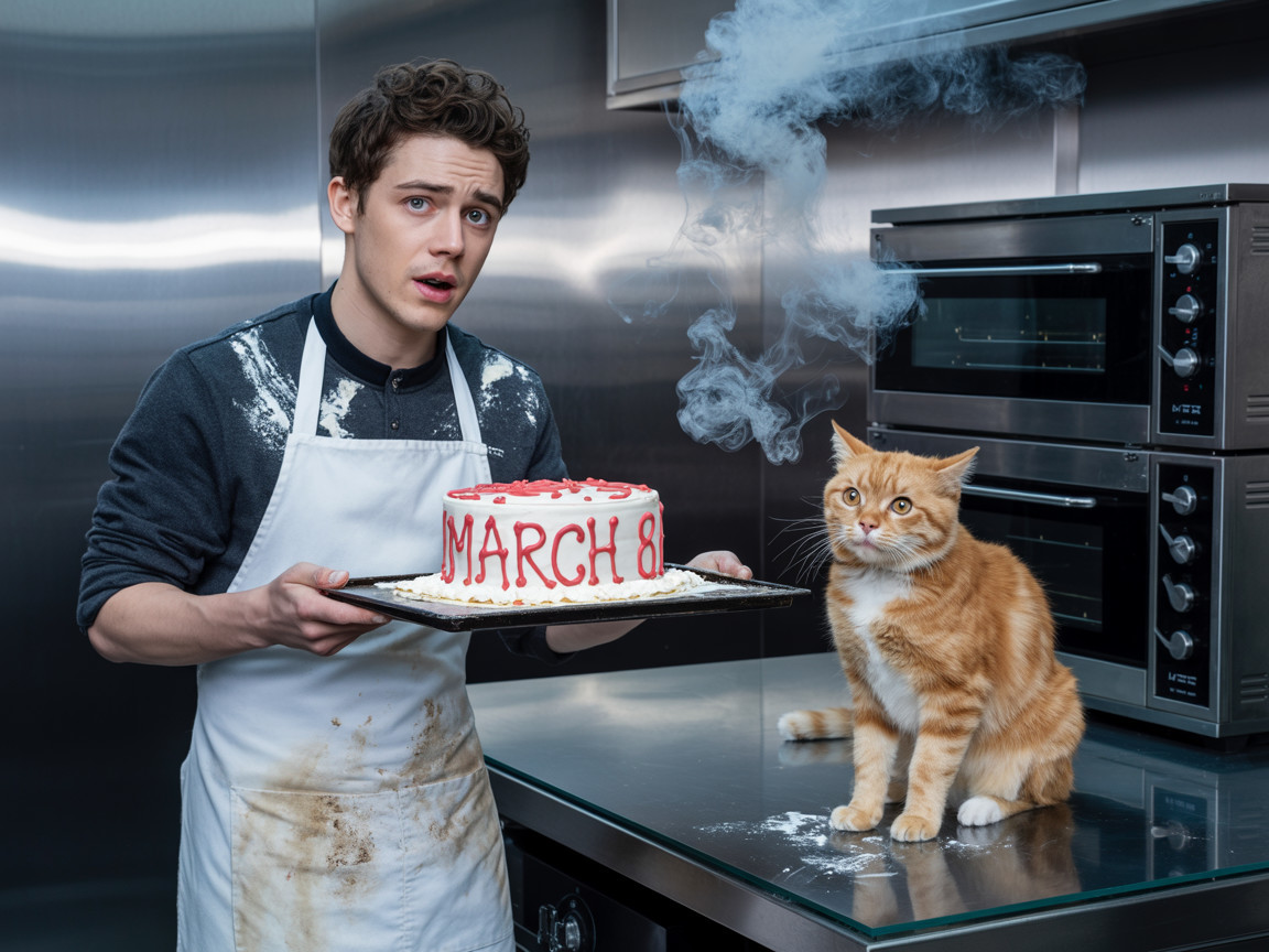 Young Man with Cake and Cat in a Kitchen Scene
