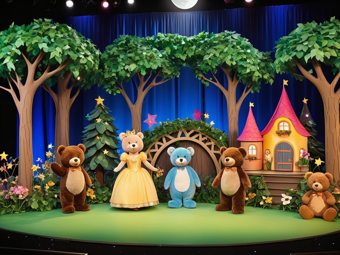 Whimsical Forest Stage Set with Colorful Bears and Cottage