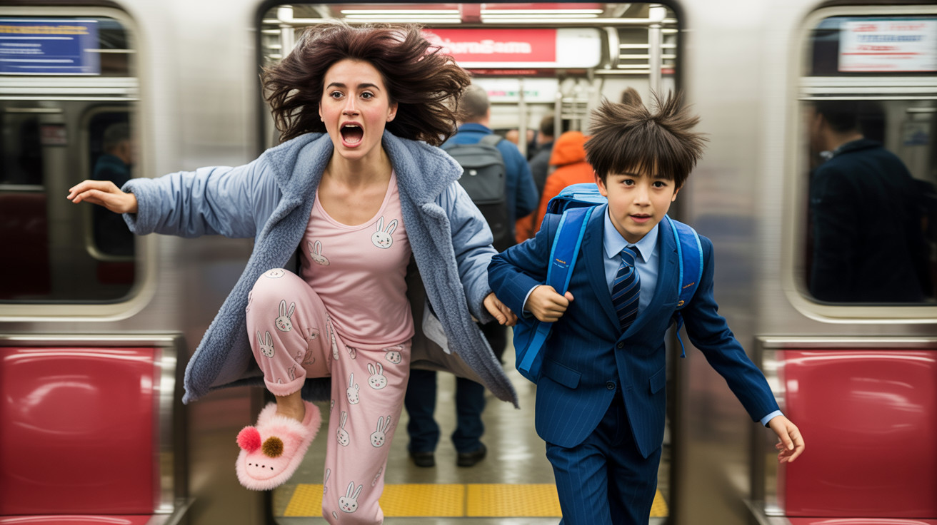 Girl in pajamas and bunny slippers in subway car