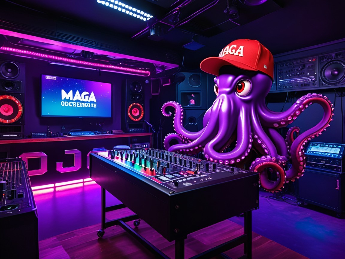 Futuristic Music Studio with Cartoon Octopus and Lights
