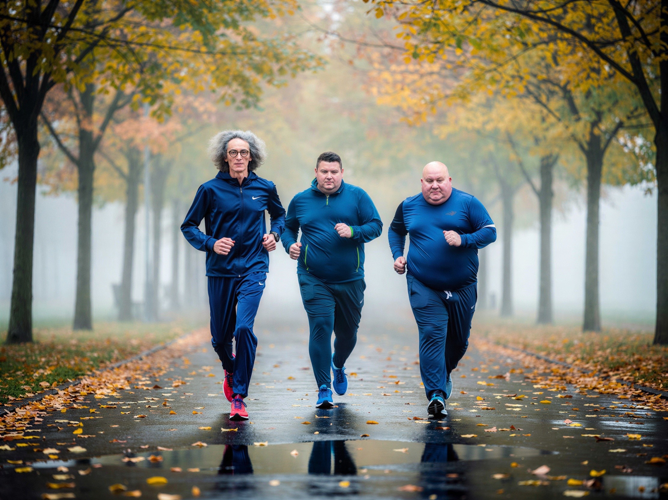Joggers on Leafy Pathway in Misty Autumn Setting